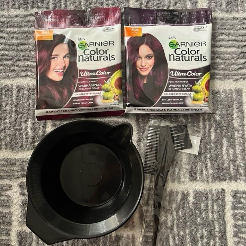 Paket Pewarna Rambut Garnier - Cranberry Red + Plum Red, Mangkok Cat & Sisir Cat