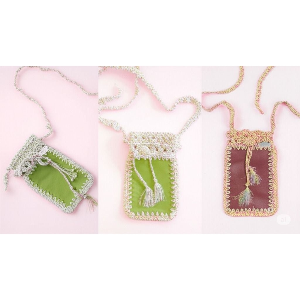 tas handphone rajut benang Glitter kombinasi kulit sintetis