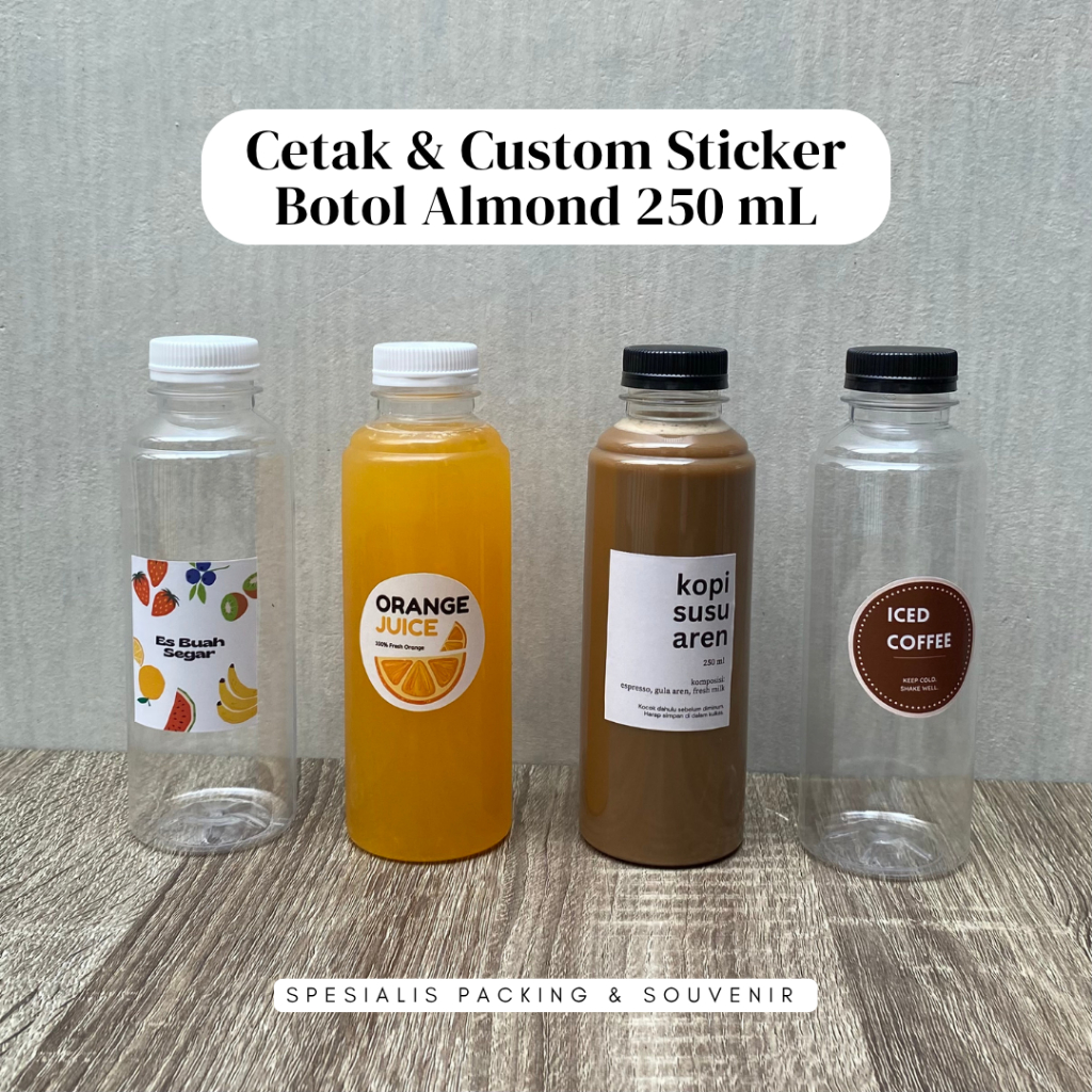 

Cetak Custom Stiker Botol Almond Bulat Bening 250 ml | Print Label Sticker Logo