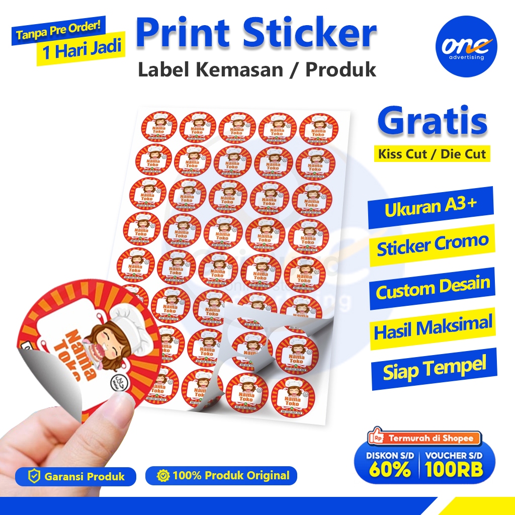 

Stiker Label Kemasan Produk Stiker Cromo Cutting per Lembar A3+ Custom Desain