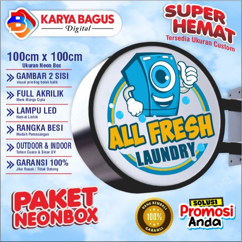 NEON BOX LAUNDRY / NEON BOX BULAT 2 SISI DIAMETER 100 CM + BRACKET SIAP PASANG | NEON BOX D100 CM