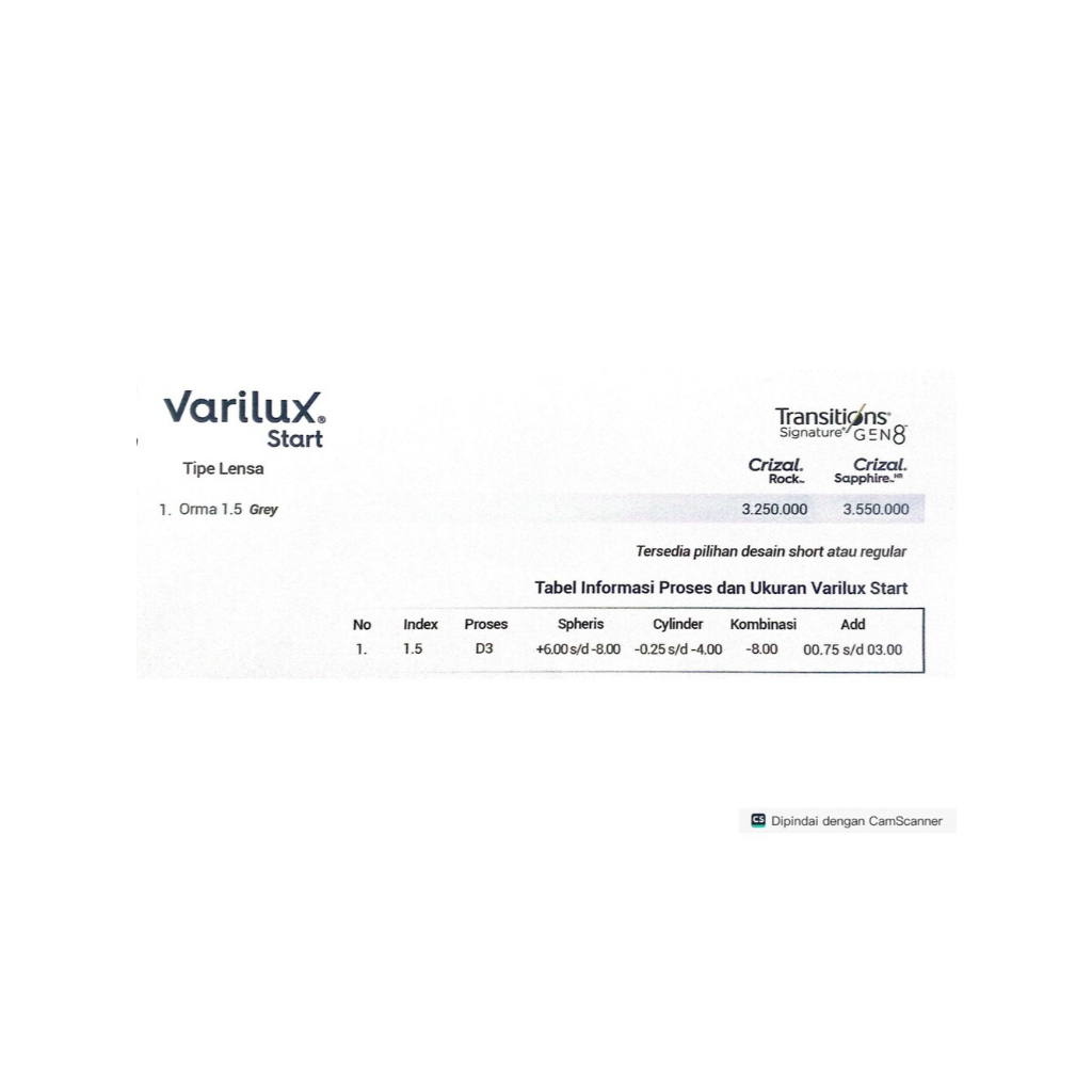 Lensa Essilor Progressive Varilux Start Kombinasi