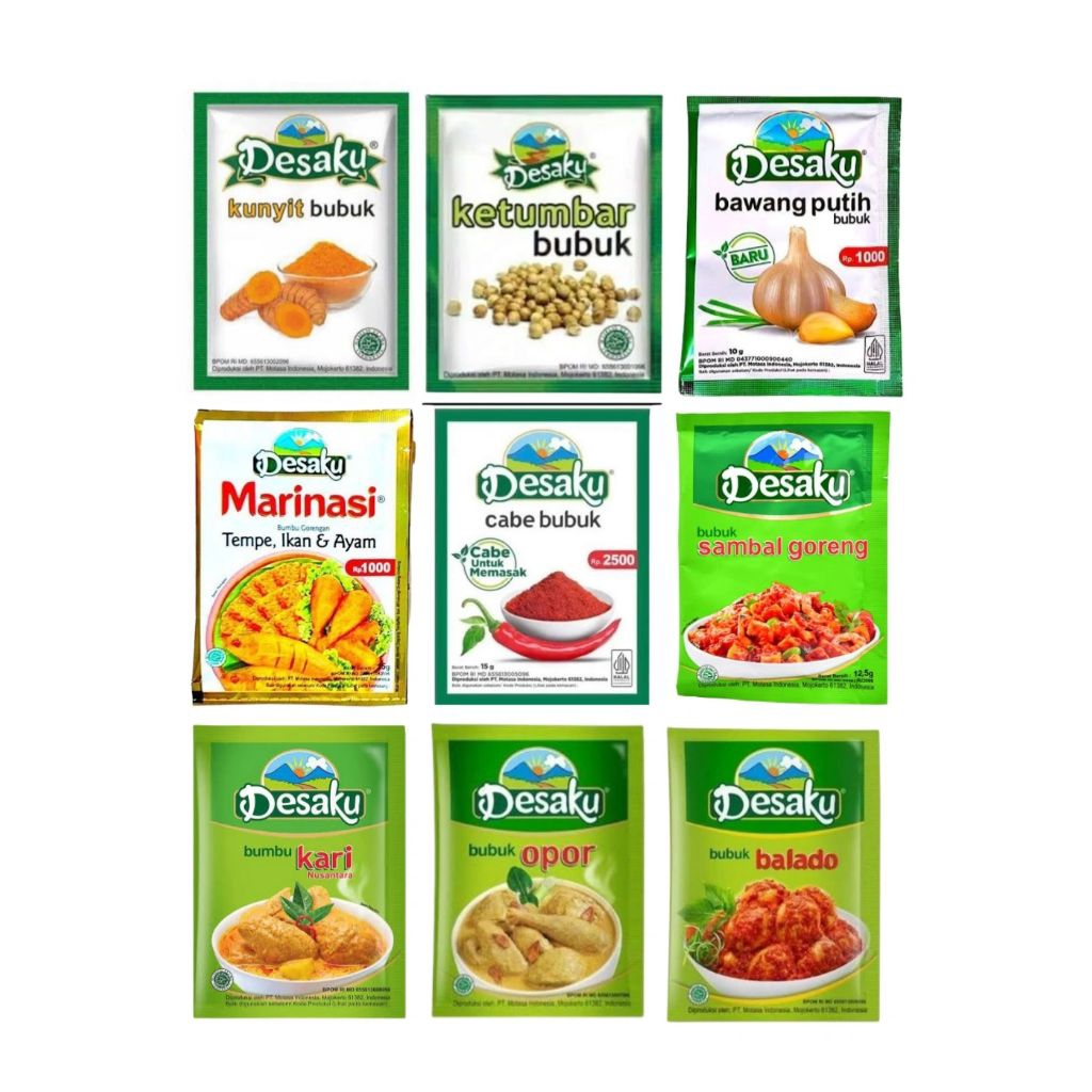 

Bumbu Desaku Rempah Instan All varian Kunyit | Ketumbar | Bawang putih | Marinasi | Cabe | Sambal Goreng | Kari | Opor | balado