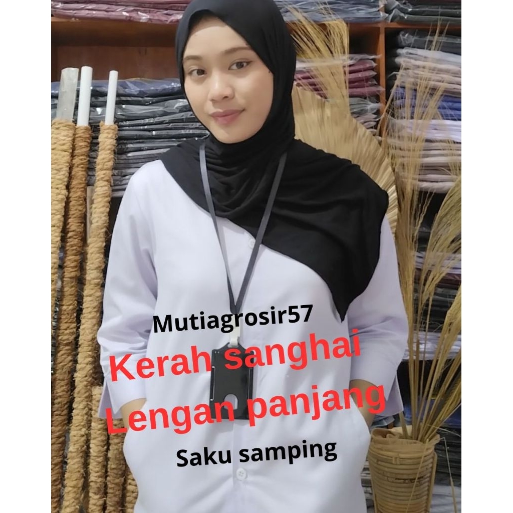Baju pdh putih wanita slimfit kerah sanghai lengan panjang saku samping free nama