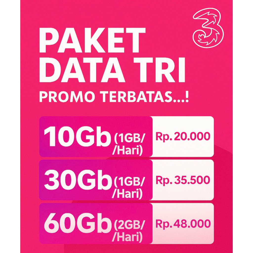 Promo voucher isi ulang kuota 3 / tri / three aon 1Gb bonus 1GB jaringan 4g 2gb tri aon 6Gb full