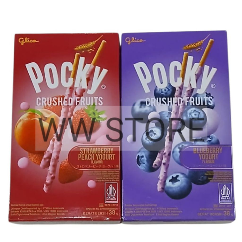 

Biskuit stik salut dengan rasa buah stroberi persik bluberi yoghurt dan butiran kukis halal MUI Glico Pocky STRAWBERRY PEACH BLUEBERRY YOGURT flavour flavor & COOKIES BITS biscuit stick sticks 38g