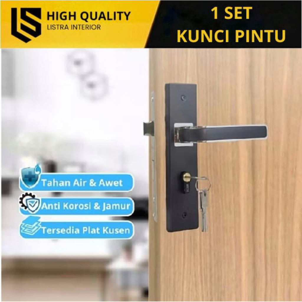 Handle Pintu / Kunci Pintu 1 Set Hitam Black List Chrome Handle Komplit Tanggung dan Besar