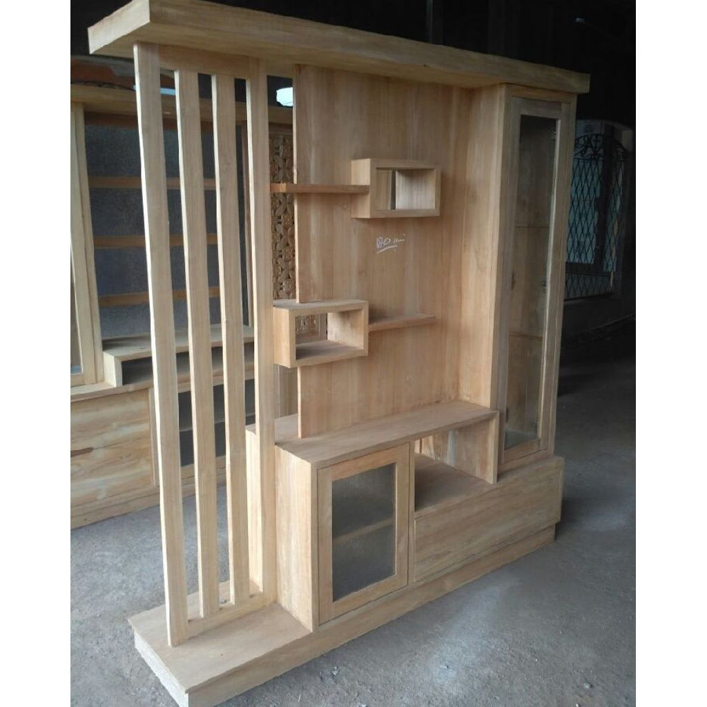 bufet partisi jari-jari 2 muka, bufet penyekat ruangan kayu jati