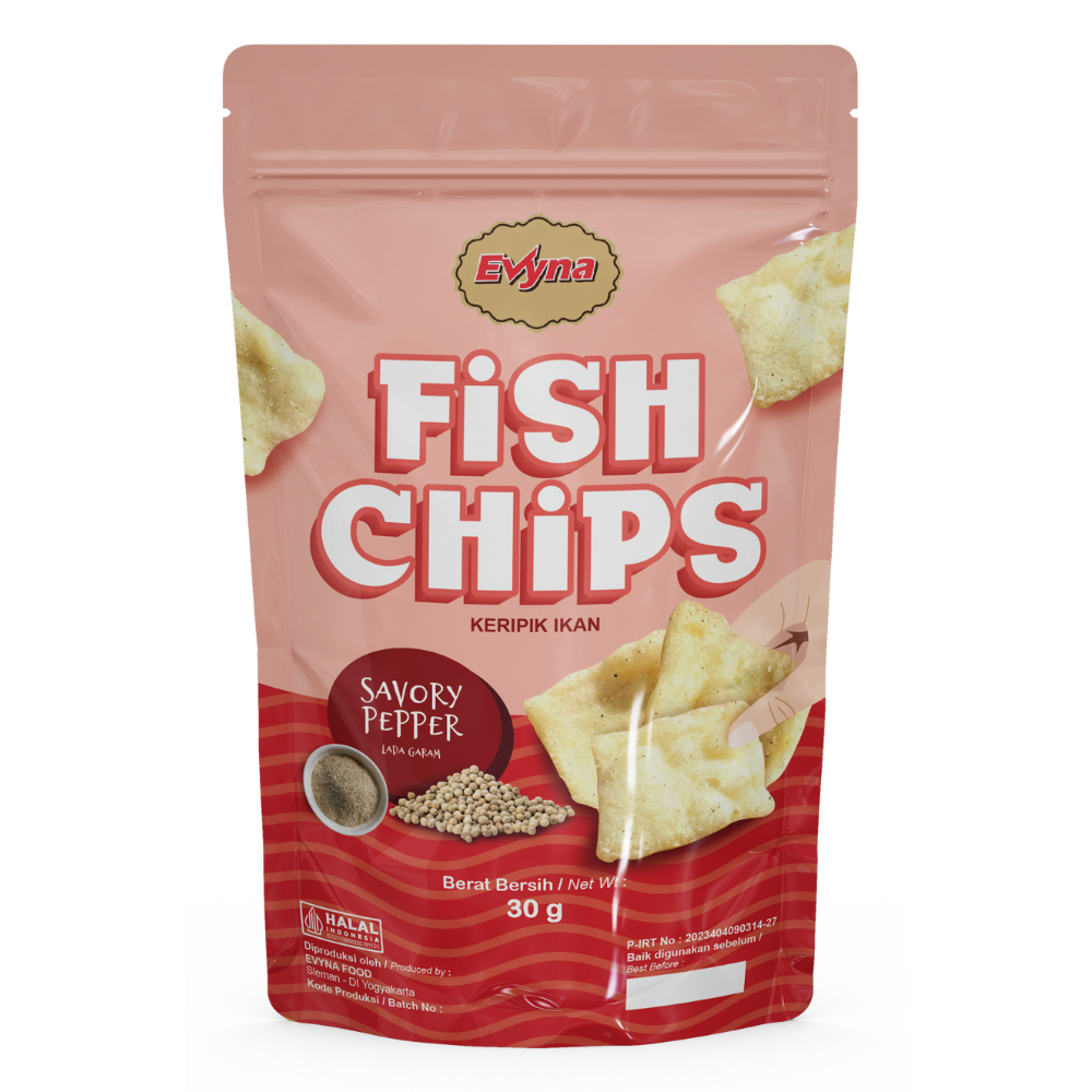 

Evyna Fish Chips Savory Pepper Keripik Ikan Rasa Lada Garam Pouch 30 Gram