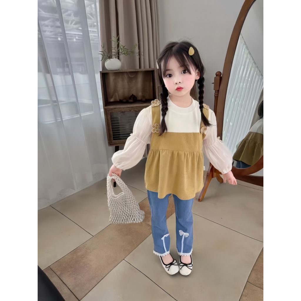 ONE SET ANAK Bahan katun, Organza, dan celana Denim lembut