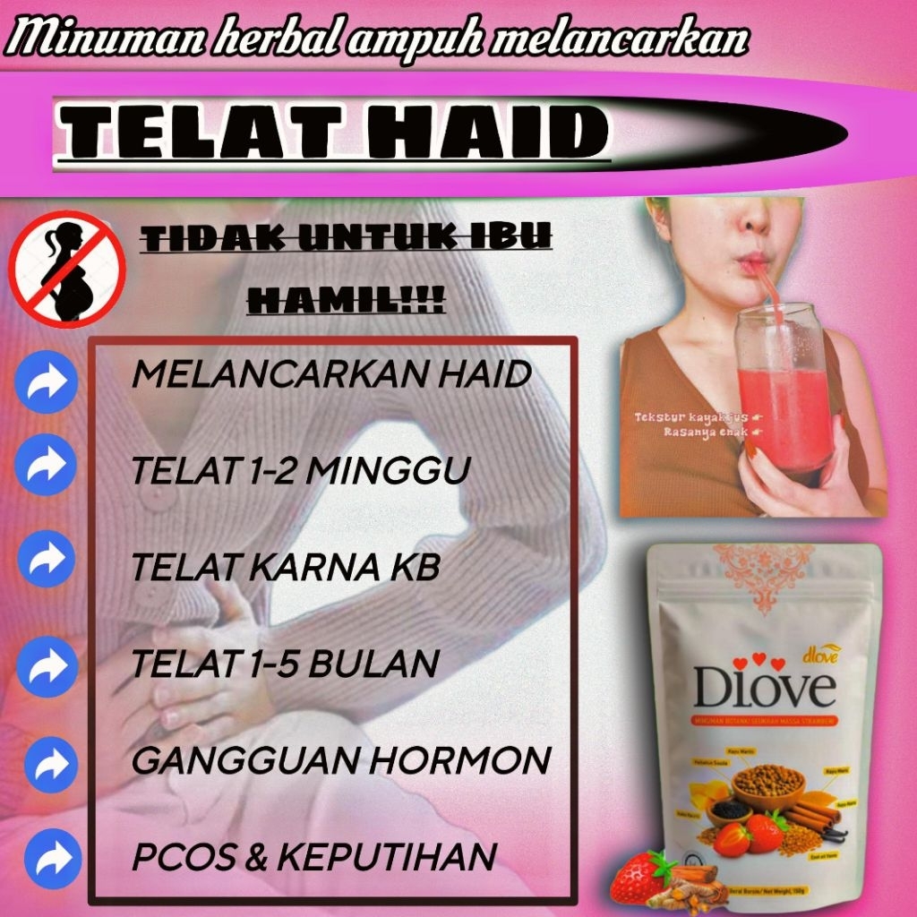 

DLOVE - MINUMAN Botanikal Pereda Nyeri Haid Dan melancarkan siklus Haid Minuman Serbuk rasa strawberry isi 50gr