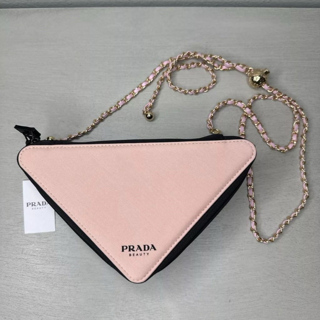 PRADA Gift Beauty Triangle Cosmetic Pouch Crossbody Bag With Gold/Pink Chain
