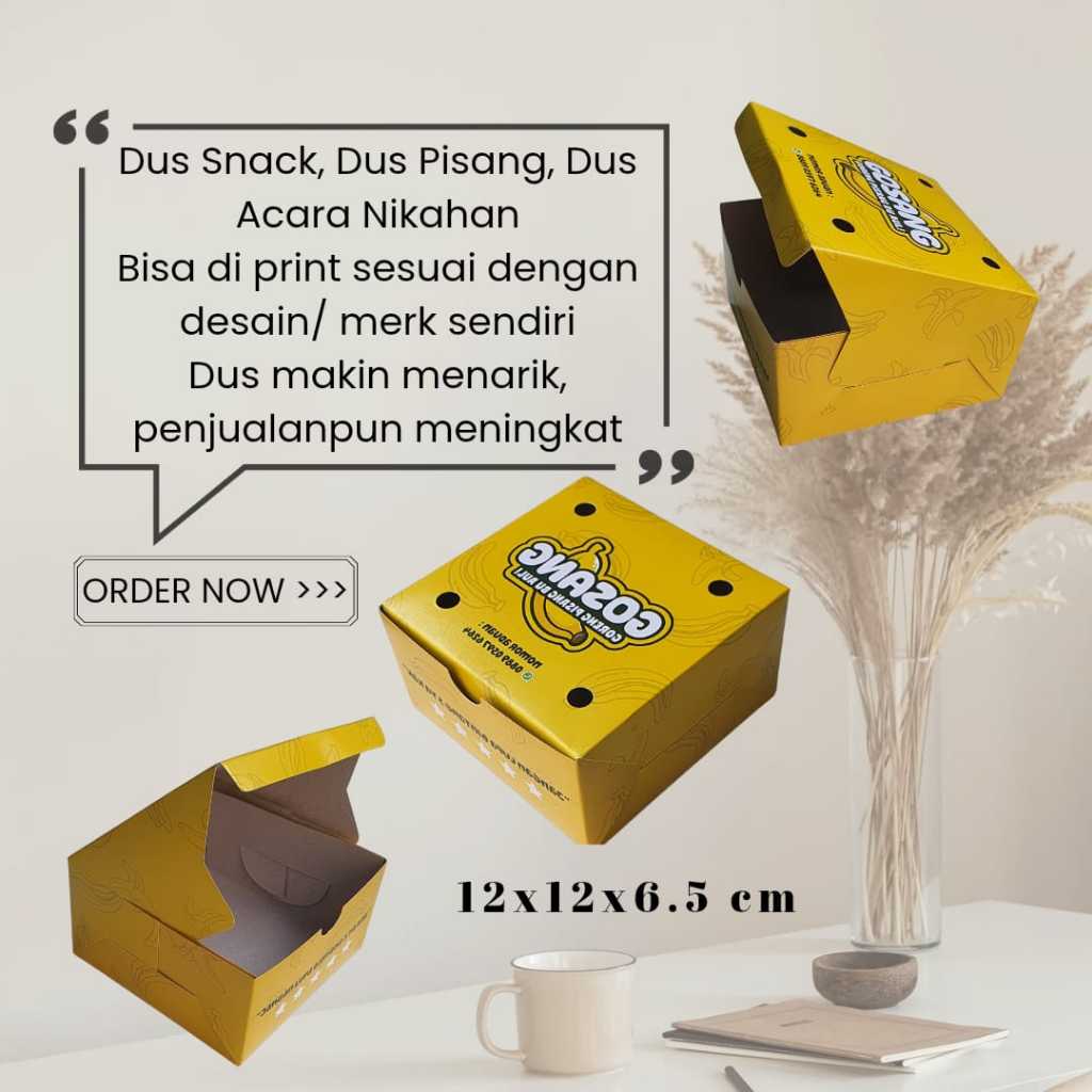 

Box Dus Snack Motif Custom Material Duplek Ivory Ukuran 12x12x6.5 cm