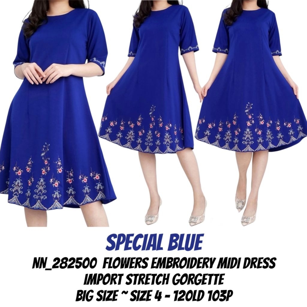 Dress midi wanita bordir KHUSUS BIRU BENHUR BIG SIZE / UKURAN JUMBO BESAR natal & imlek 282500