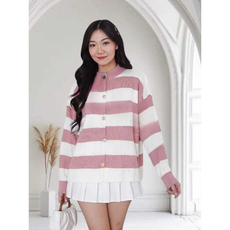 Alice Stripes Knit Cardy - Atasan Wanita Bahan Rajut Tebal Premium - Kardigan Outer Rajut Kancing