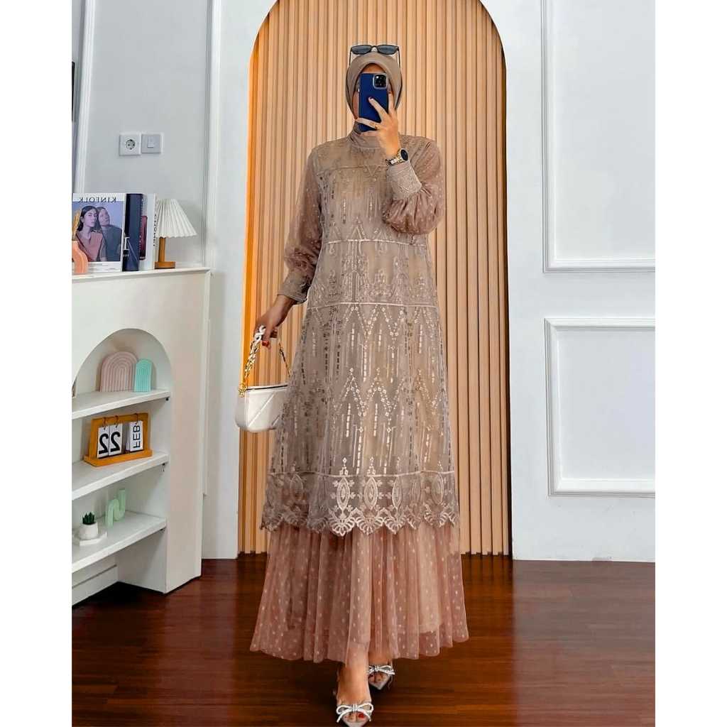 Gamis Brokat Tile Premium Layer Polkadot Dress Kondangan Elegan Muslimah Kekinian