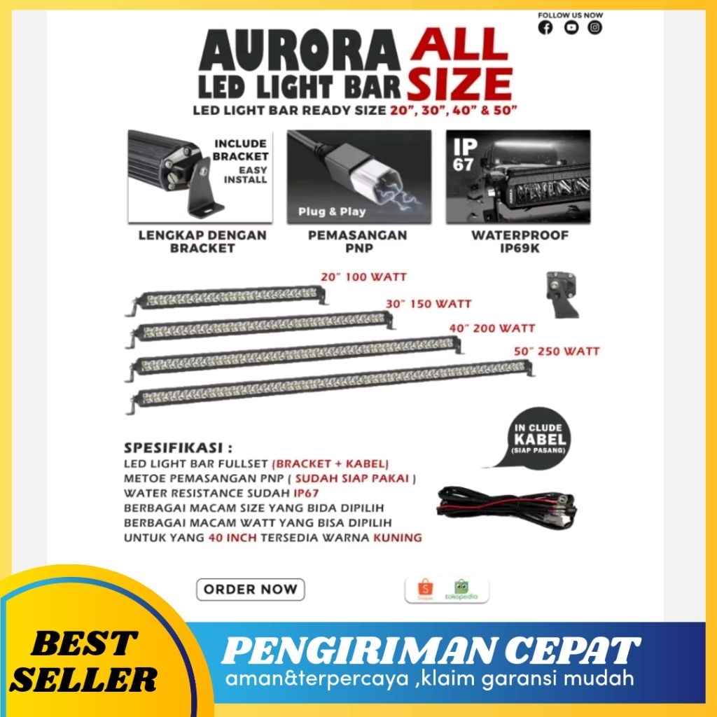 AURORA Putih 50" Single Row LED 250 Watt Panjang 130 cm Light Bar Work Light Lampu Temba...
