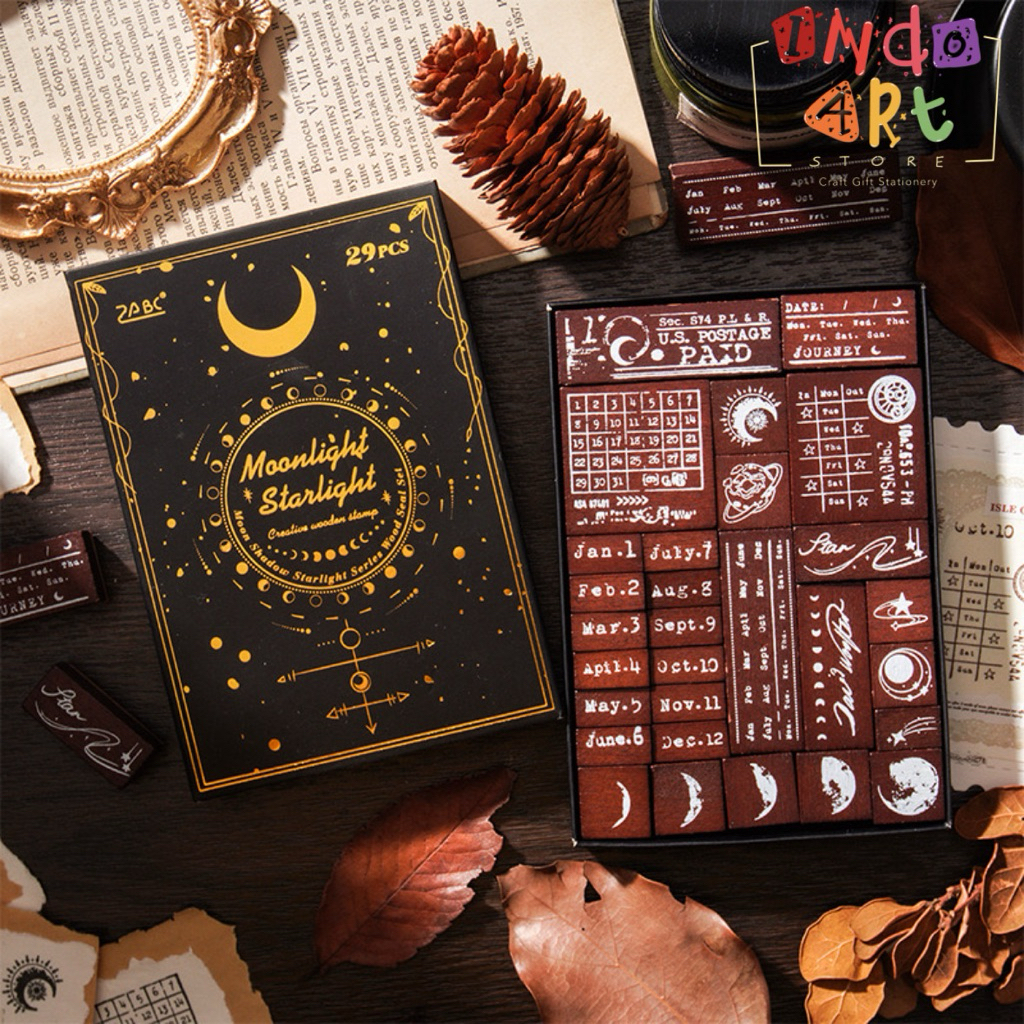 

(IAS) Wooden Stamp Moon Phase Full Moon Tahun Stempel Bulanan Minggu Kayu Bulan Set Fase Bulan