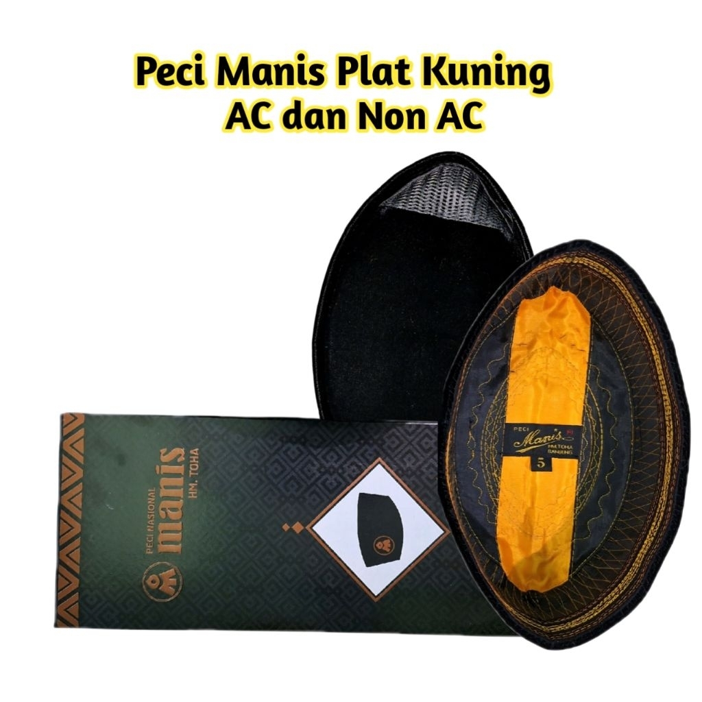 Peci Songkok Manis Motif AC Dan SM Kopiah Hitam Polos Plat Kuning Tanpa Kertas