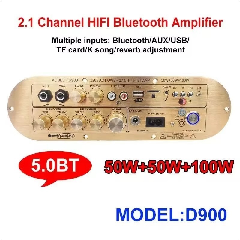 D800/D900 High-Power Subwoofer Bt Bluetooth Digital Amplifier Board 2.1 Channel 12V Rechargeable
