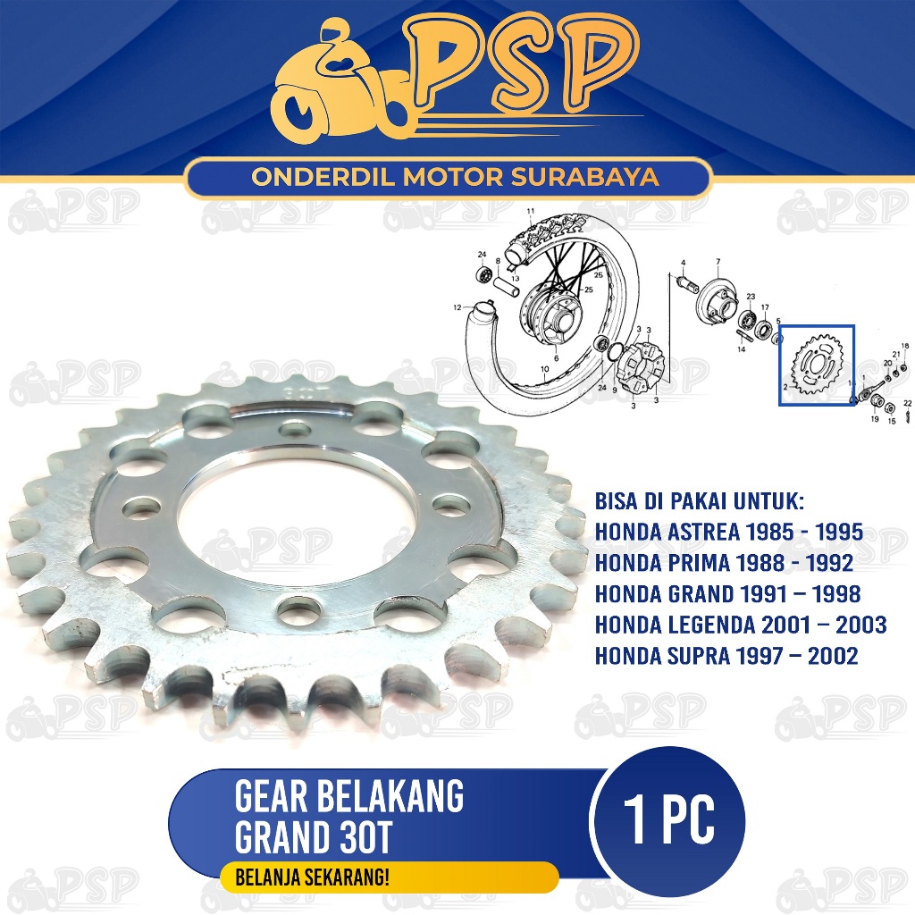 Ger Belakang Grand 30T - Gear Gir Gigi Belakang Type 428 Honda Astrea Legenda Prima Supra Win
