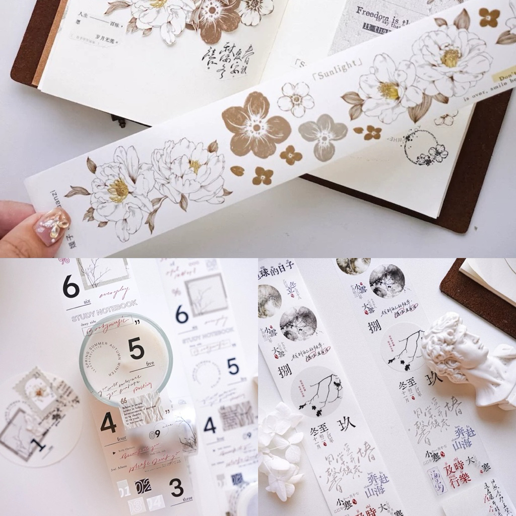 

Jennyuanzi Washi & PET Tape - mist white camellia . sepia letters . muttered words
