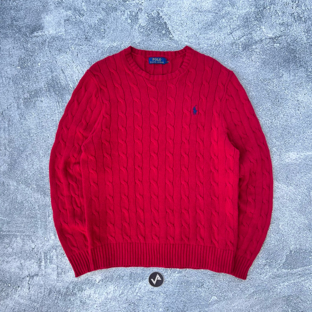 Sweater Polo Ralph Lauren Cableknit Rajut Full Kepang Lava Red