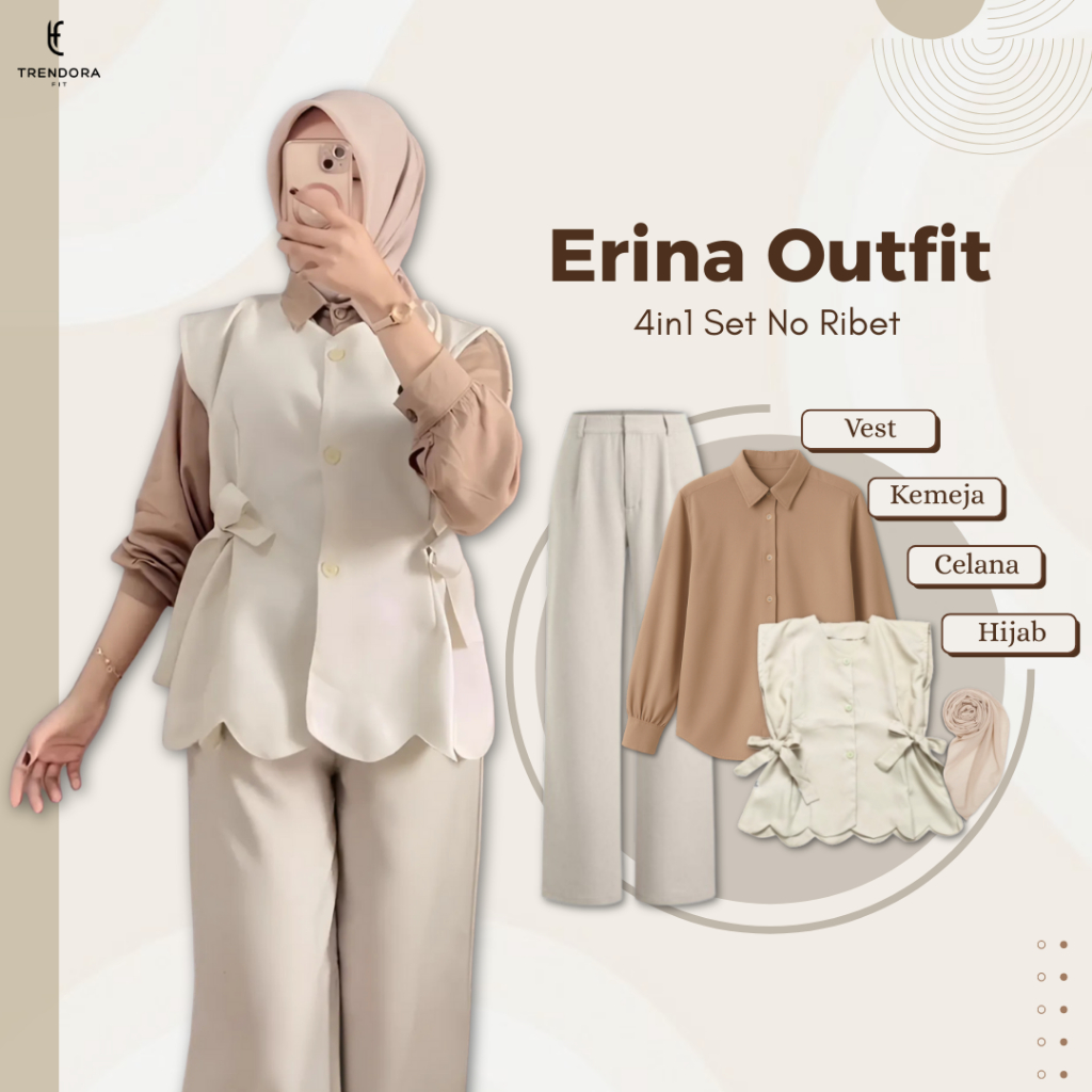 Baju Setelan Wanita Kekinian | Erina Outfit Rompi (Vest + Kemeja + Celana + Hijab) TF15