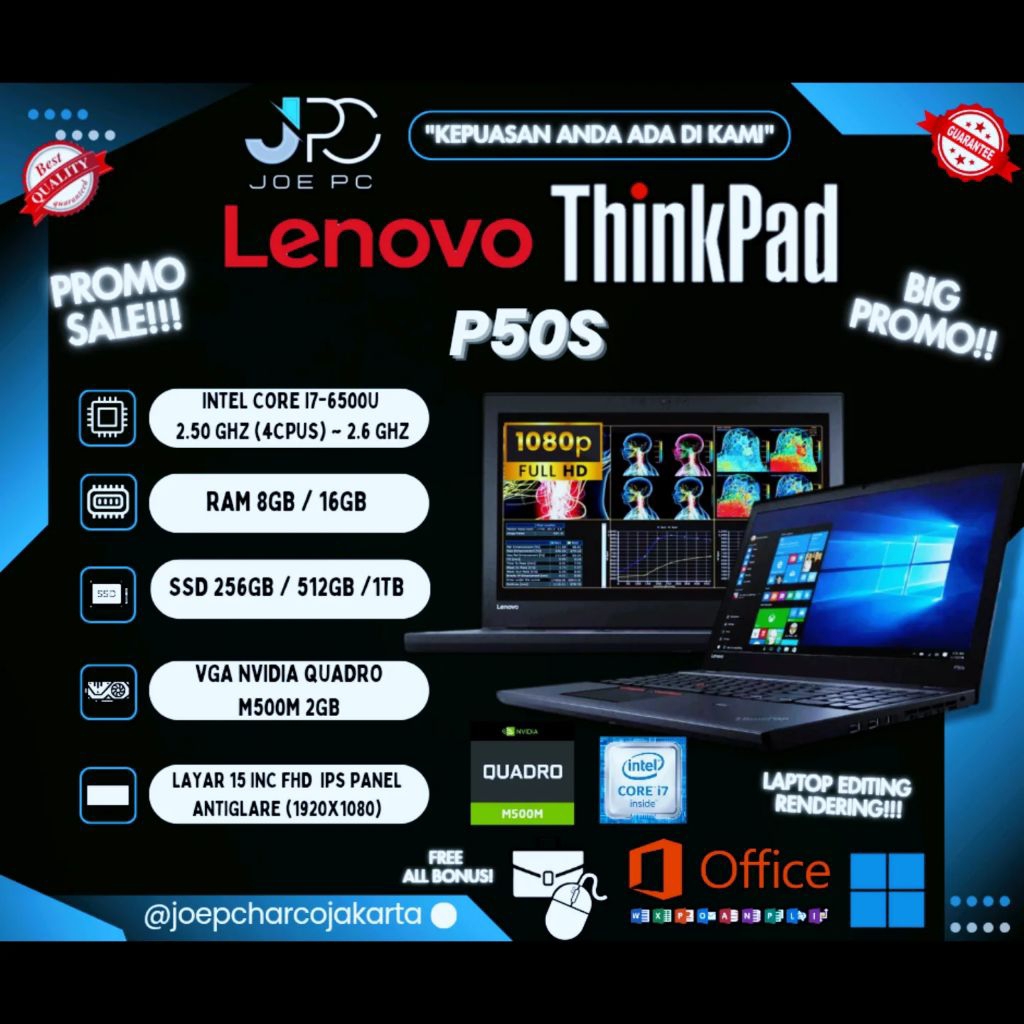 Laptop Editing Render Lenovo Thinkpad P50s Intel Core i7 Gen 6 RAM 16GB SSD 1TB VGA Nvidia Quadro M5