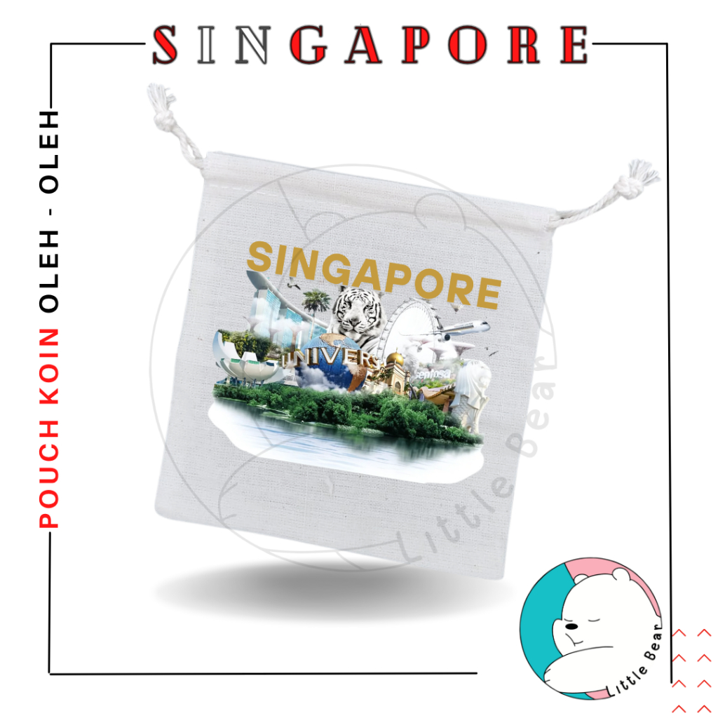 Littlebear Pouch Koin Souvenir Singapore Dompet Koin Oleh Oleh Bahan Blacu Tali Serut Type 1