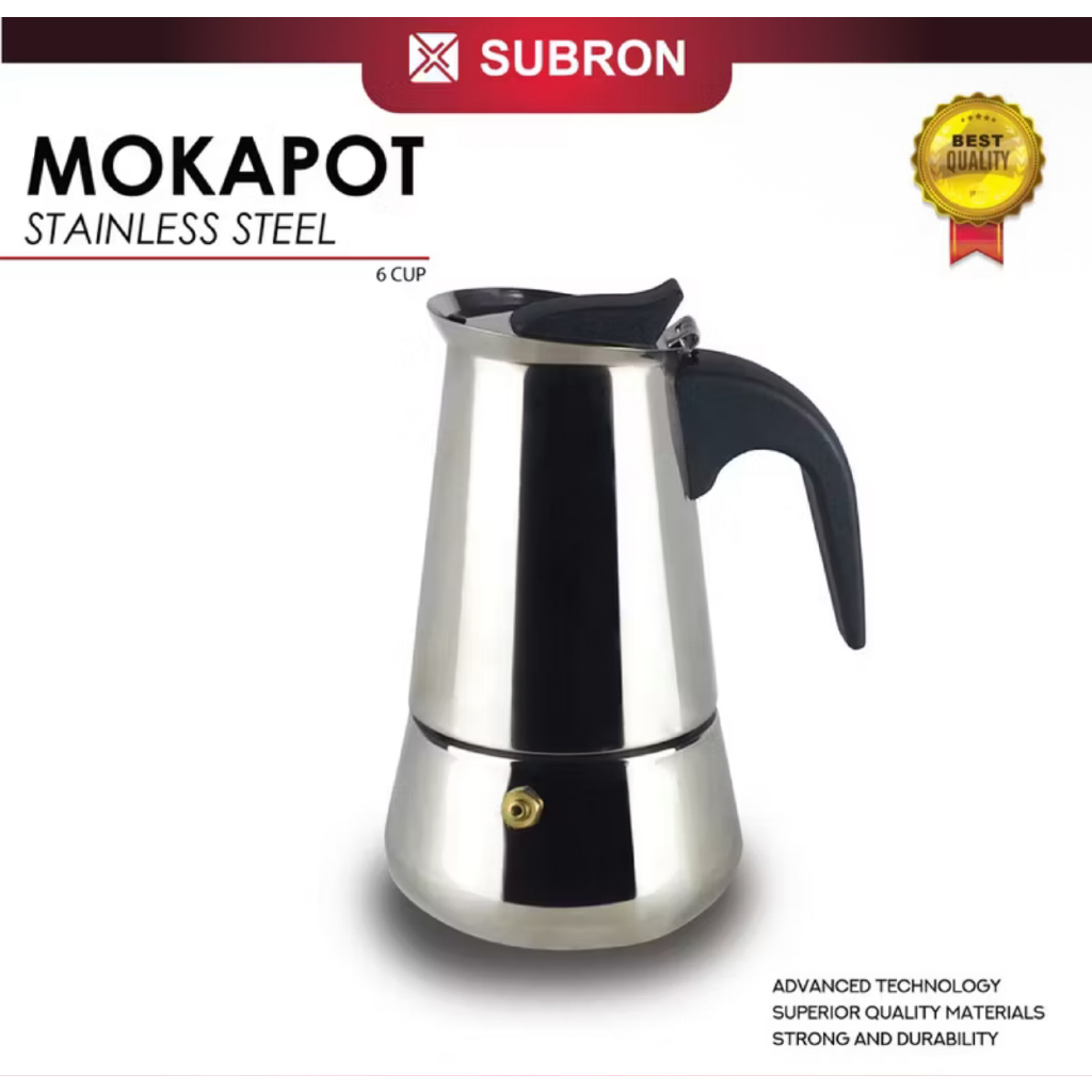MOKAPOT MANUAL ESPRESSO COFFEE MAKER STAINLESS 6 CUP 300ML SUBRON