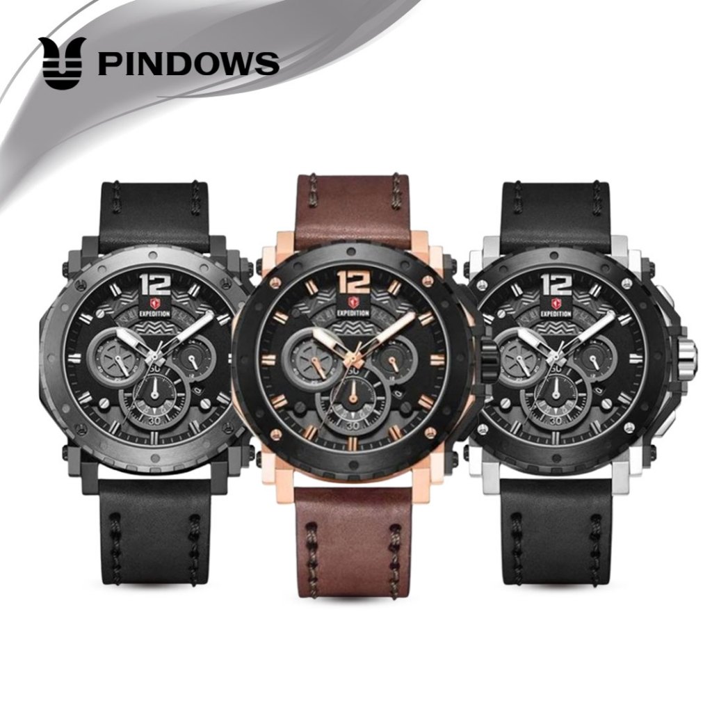 ORIGINAL Jam Tangan Pria Expedition E 6402 E6402 EXP 6402 Garansi Resmi 1 Tahun  Tali Kulit dan Rant