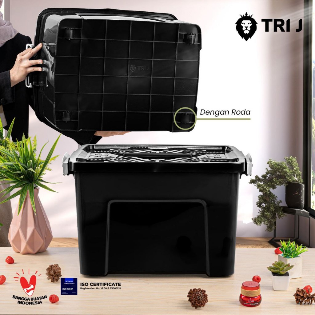Box Container 55Liter Tri J + Handle Hitam + Roda - Kontainer Box Plastik / Container Box Handle