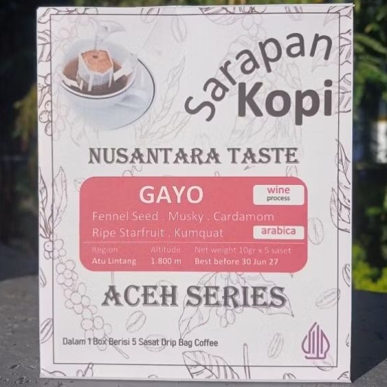 

GAYO WINE ARABICA COFFEE (wine process) Kemasan Box isi 5 Saset 10gr - Coffee Drip Bag [ SARAPAN KOPI ]