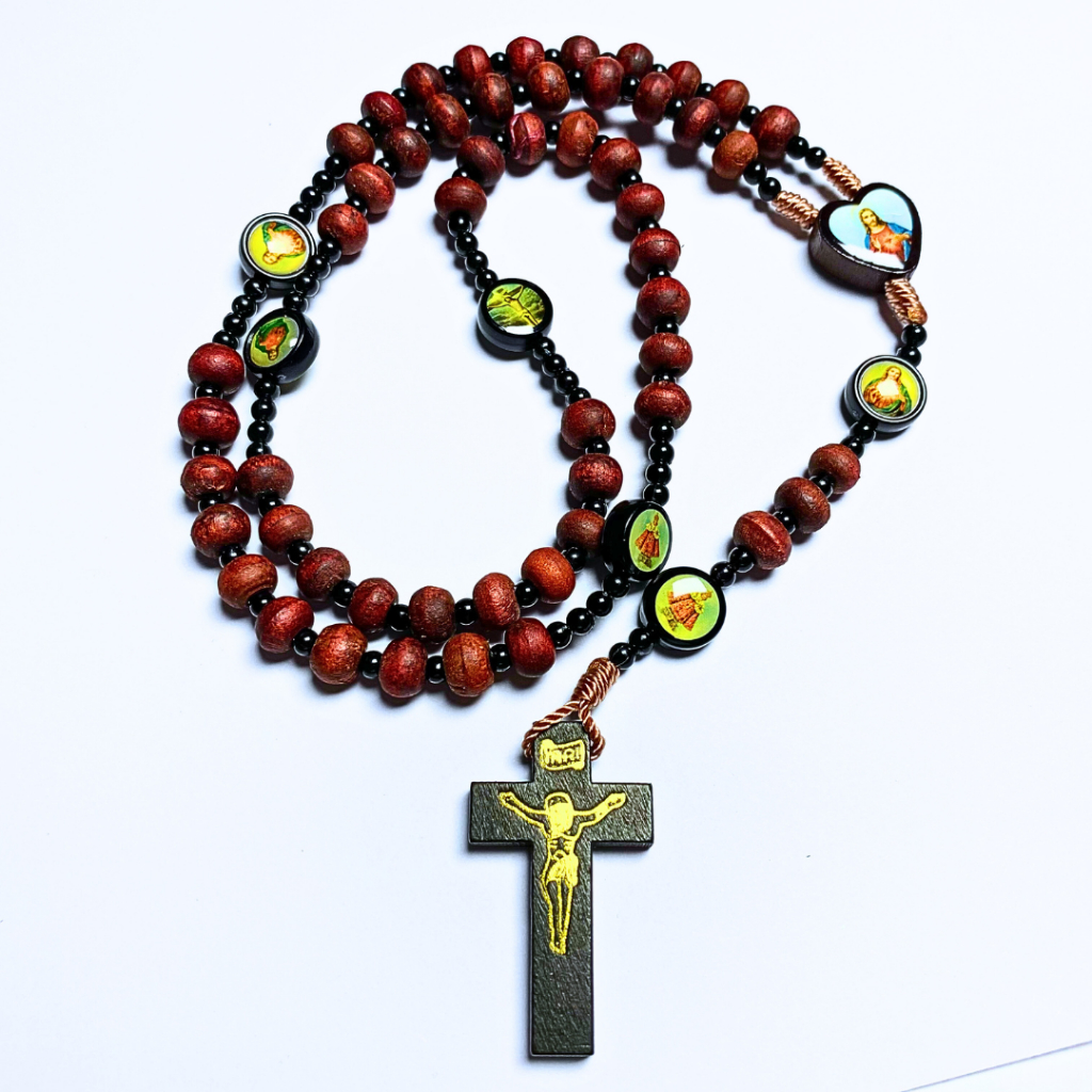 Rosario Katolik kayu Merah Pembatas Rosario Bergambar Orang Kudus Salib kayu Hitam