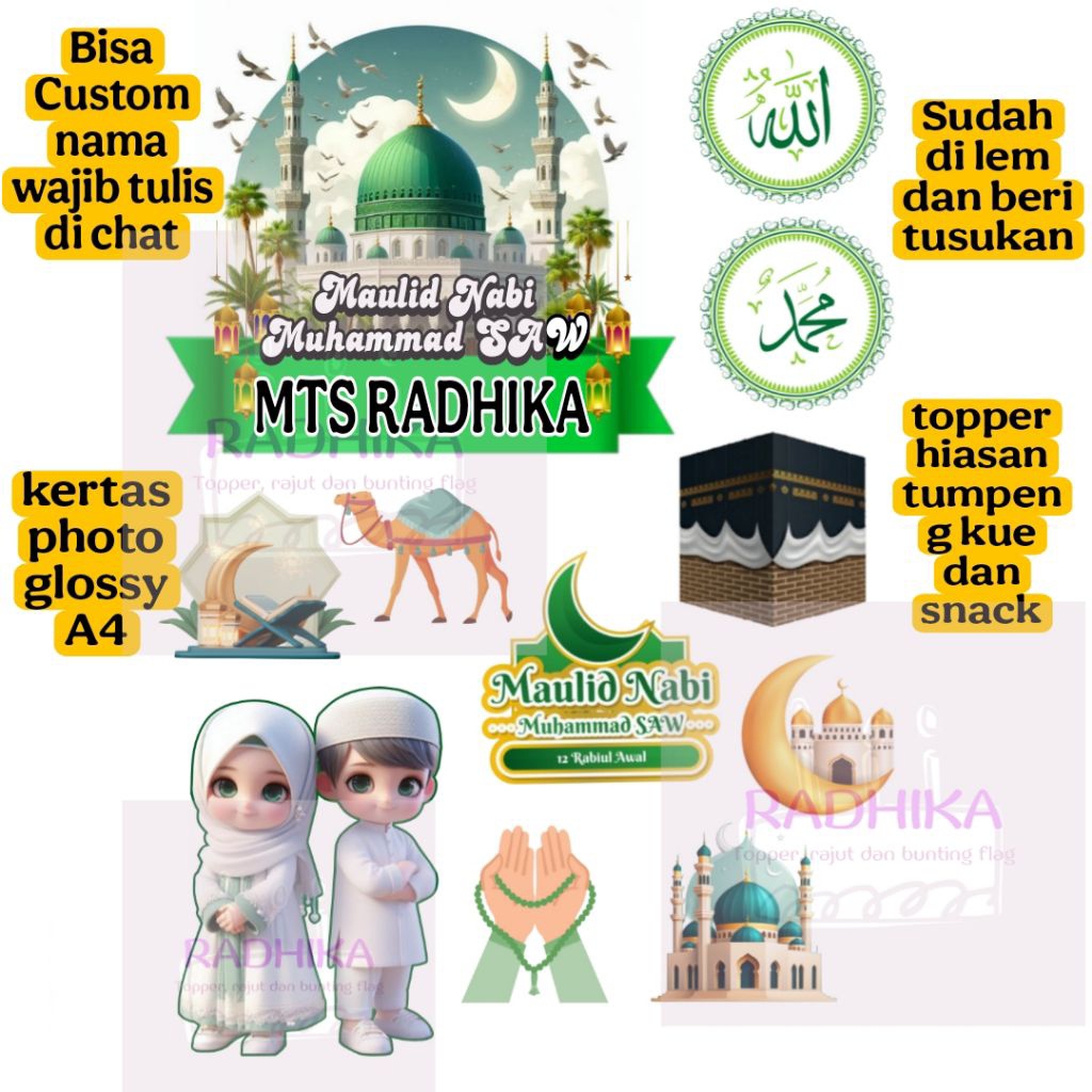 Topper Tumpeng Maulid Nabi Muhammad Custom Nama / Hiasan Kue maulid Nabi