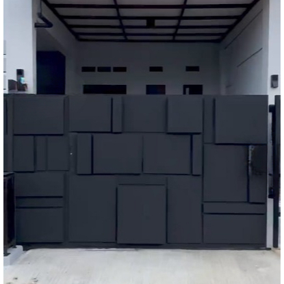 pagar rumah bahan plat bentuk aesthetic warna hitam minimalis