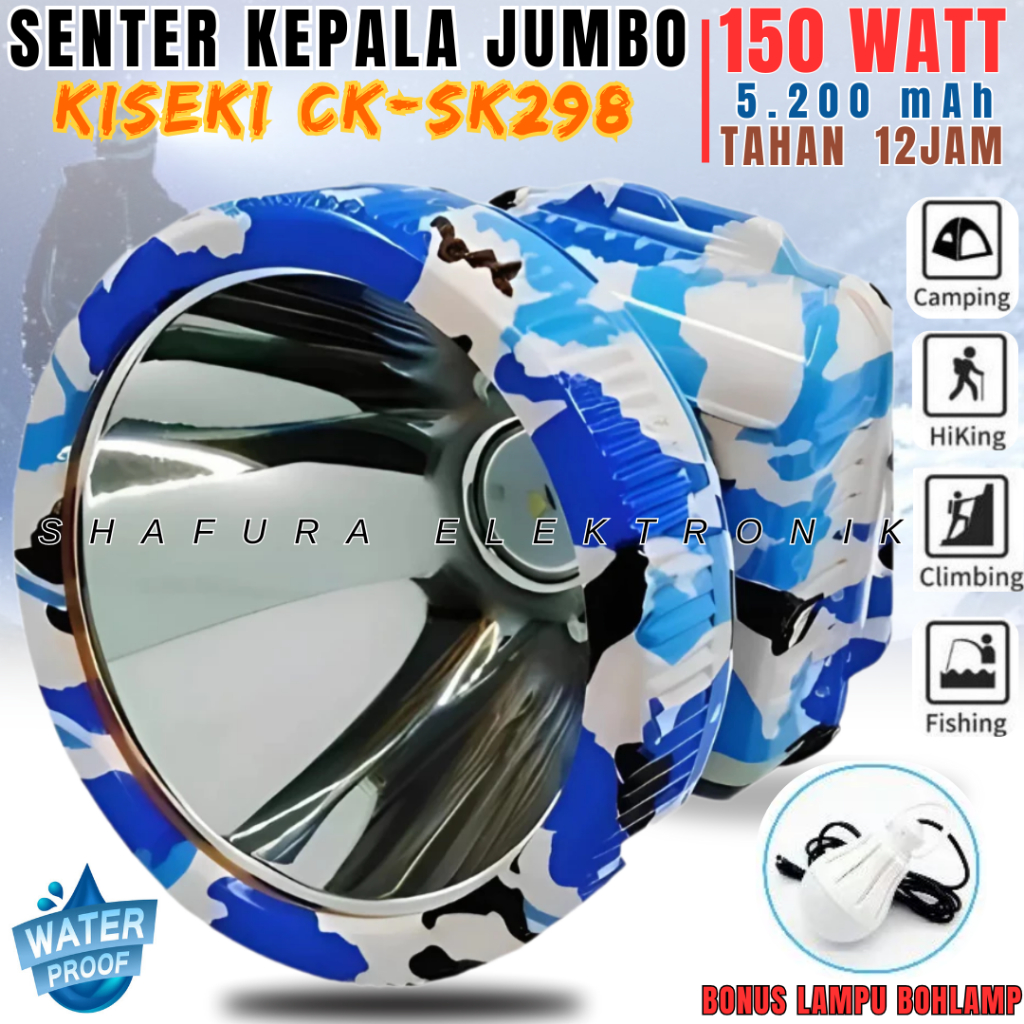 Headlamp/Senter Kepala Kiseki Ck-Sk298 150 Watt Cahaya Putih Super Terang Sorot Jauh Body Loreng | S