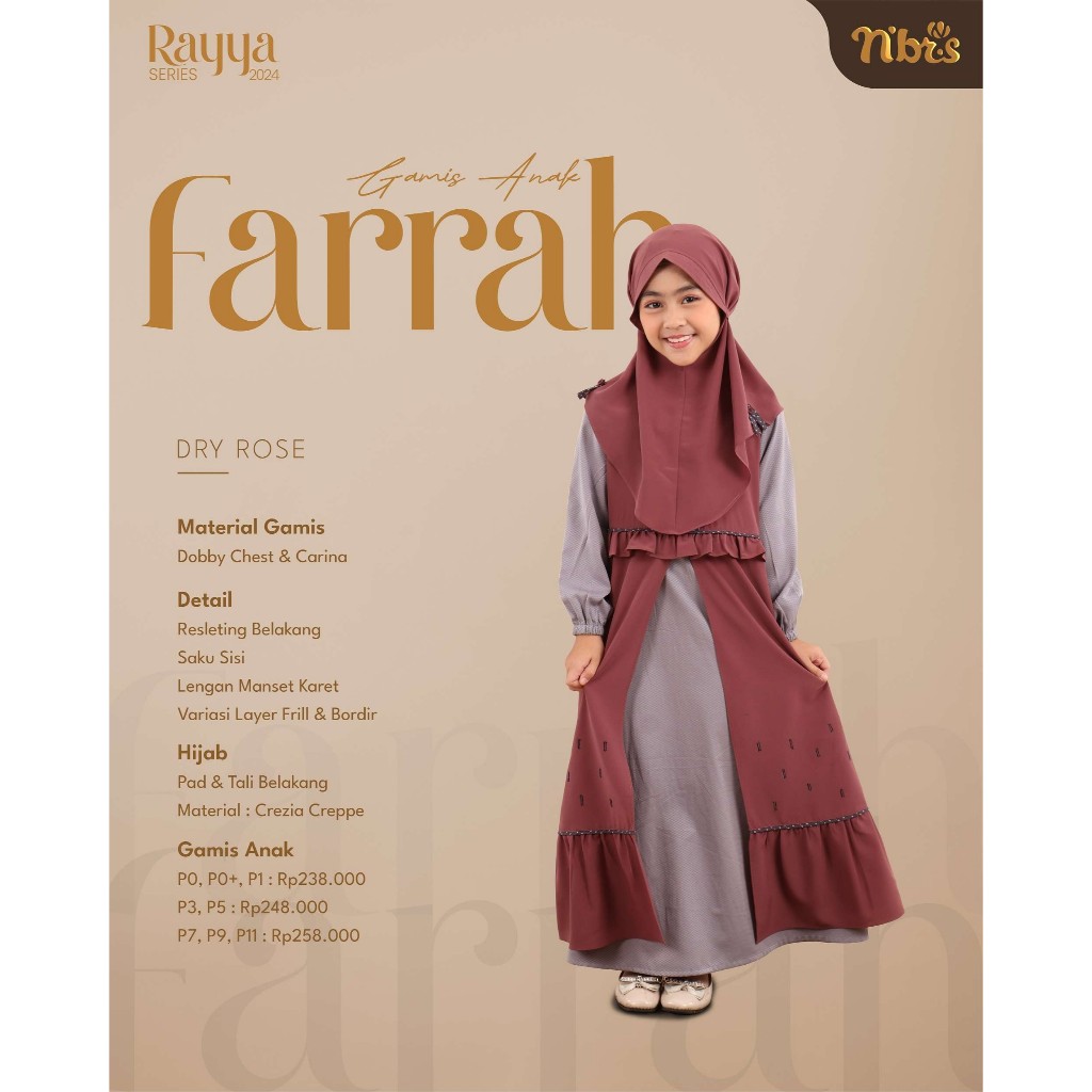 Serba Disc Gamis Anak Nibras Farrah Emerald Dry Rose Brown Set Lengkap Usia 0–11 Tahun Dobby Chest