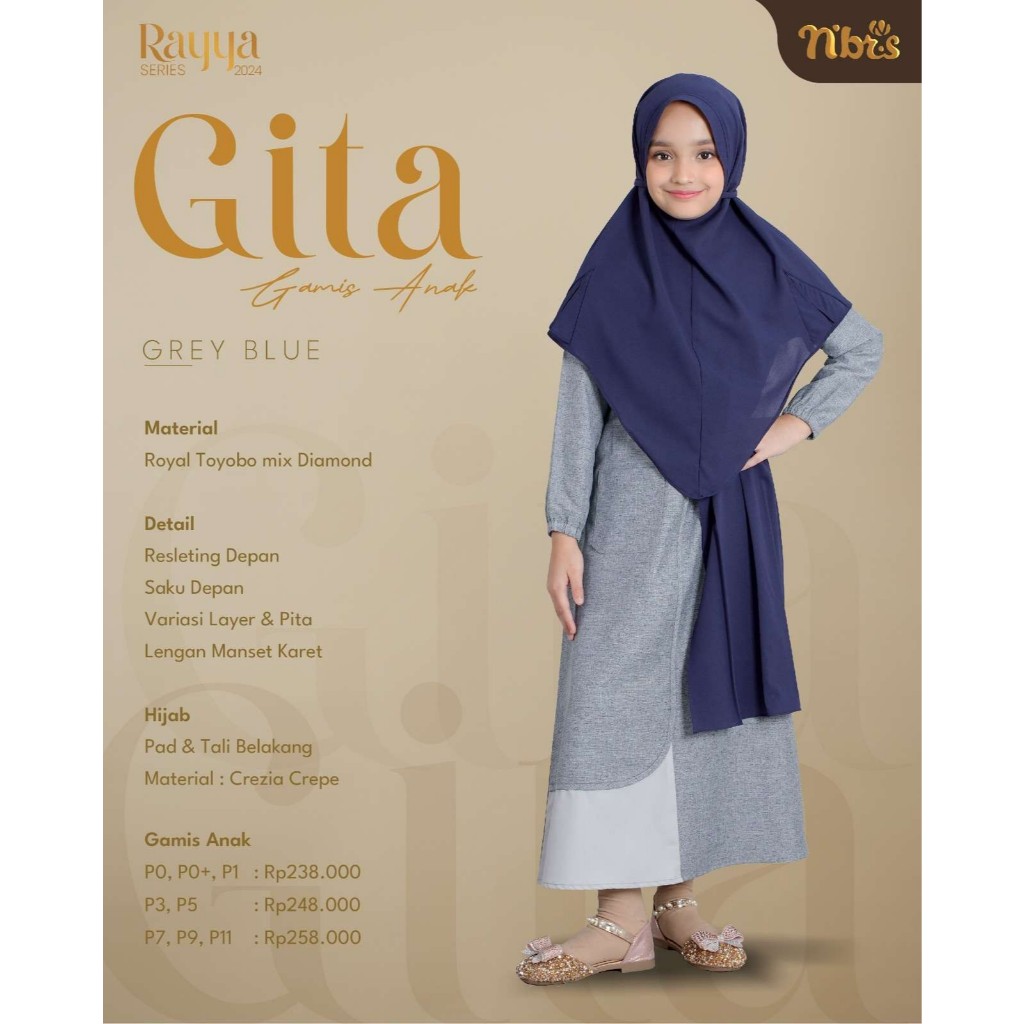 Disc Gamis Anak Nibras Gita Grey Blue Teracotta Maroon ahun Premium Ukuran 1 -10 Tahun Rayya