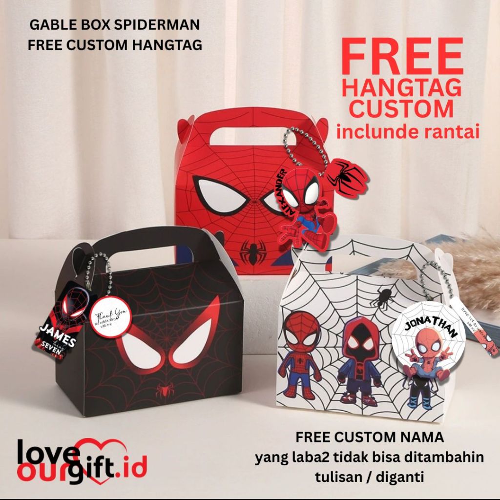 

Gable Box Goodie bag Spiderman Hampers Box kotak Candy Snack souvernir Ulang Tahun Free Hangtag CUSTOM Spiderman