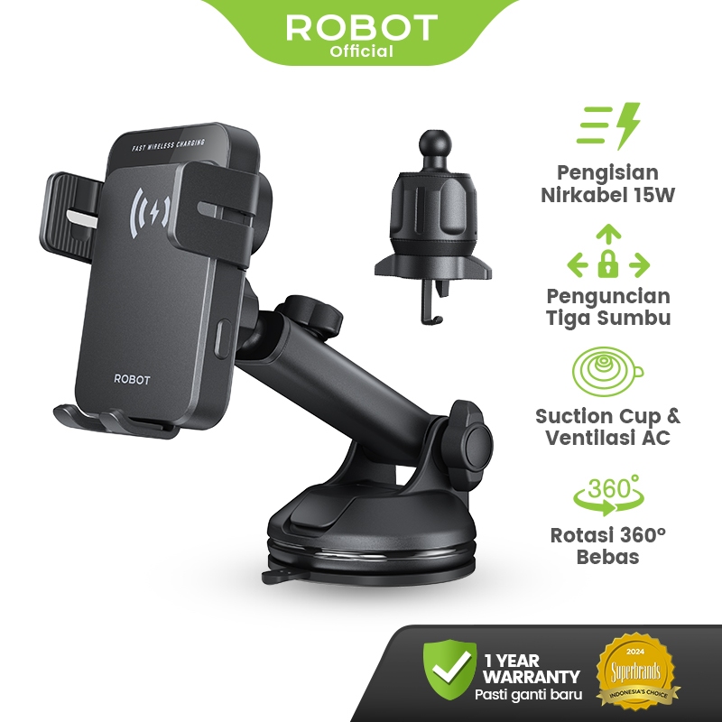 ROBOT Wireless Charging Car Holder Nirkabel 15W With Section Cup Air Vent Hook Rotasi 360° Derajat H