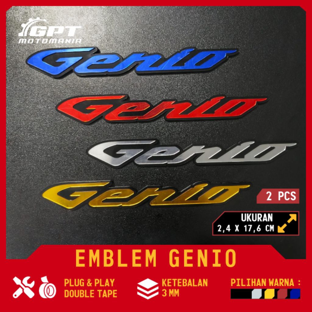 GENIO SILVER GOLD MERAH BIRU STIKER AKRILIK MIRROR EMBLEM MOTOR GENIO