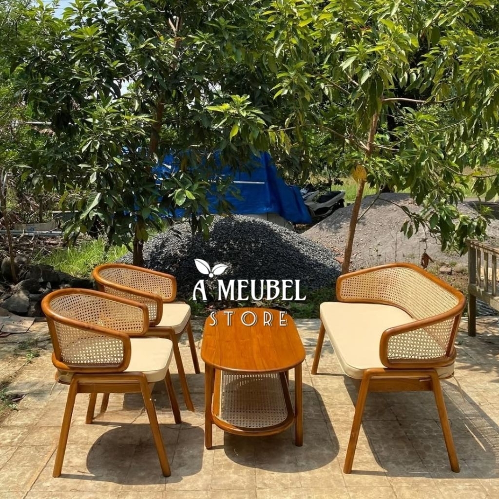 KURSI MEJA RUANG TAMU ROTAN RETRO MINIMALIS ESTETIK DESAIN MODERN FORMASI 311+MEJA, KURSI ROTAN ESTE