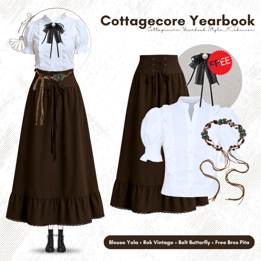[Non Hijab] Cottagecore Yearbook Blouse Yola + Rok Vintage Belt Butterfly Free Bros Pita | Chiky019