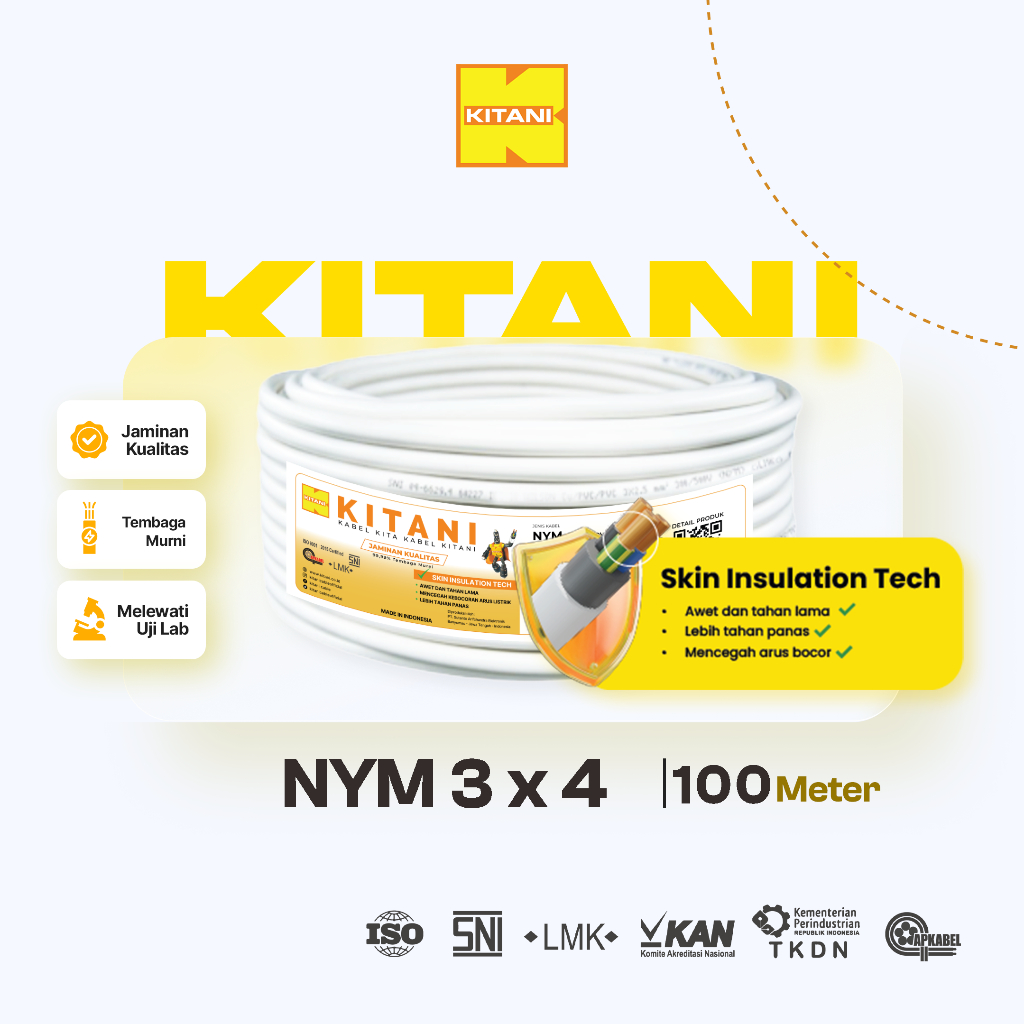 KITANI - NYM 3x4 mm² - 100 Meter -  Kabel Listrik Tembaga Kawat