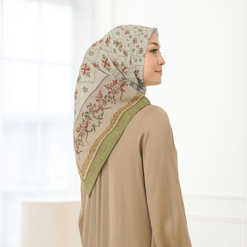 hijab segiempat motif ukuran 110cm scarf sublim ivory