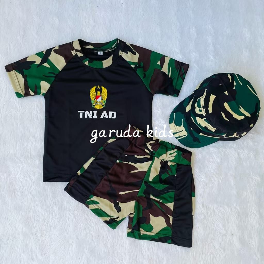 Baju Anak Loreng TNI AD Set Kaos Celana Topi Anak Usia 1-8 Tahun