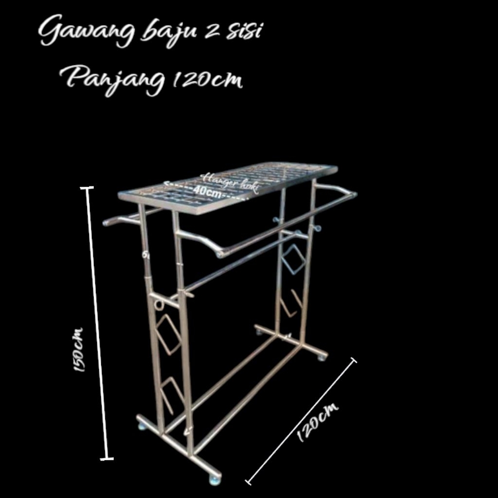 Gawang gantungan baju 2 sisi 120cm plus tatakan ram besi chome 40cm