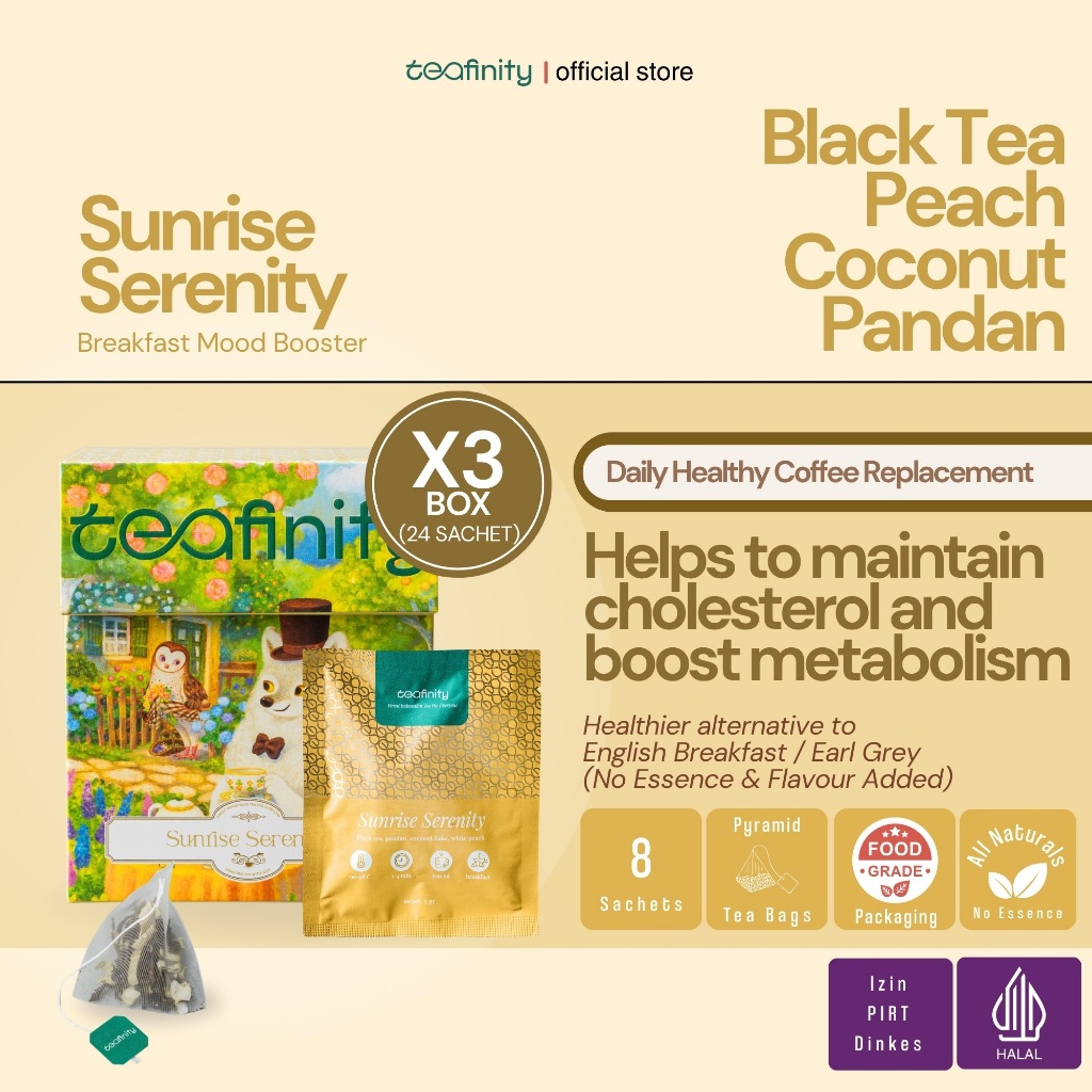 

Teafinity Sunrise Serenity Teh Hitam Peach Pandan Kelapa Healthy Breakfast Black Tea 3 Box